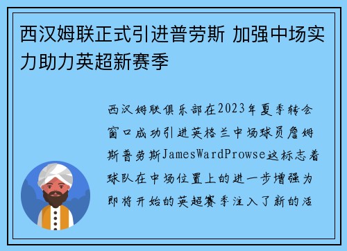 西汉姆联正式引进普劳斯 加强中场实力助力英超新赛季